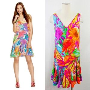 Ralph Lauren Drop Waist Flounce Dress Rainbow Floral Pockets Women's Size 6